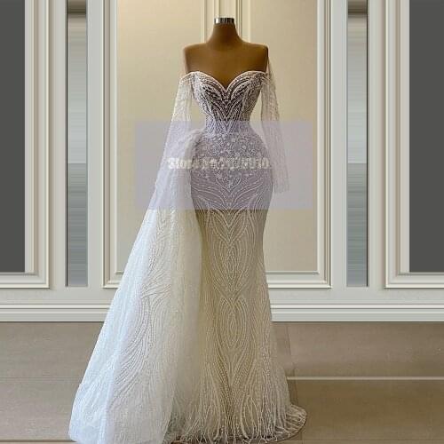Illusion Sexy Wedding Dresses Mermaid Applique Beaded Pearls Floor-Length Women Dress Detachable Train Bridal Gown 2020 Dubai