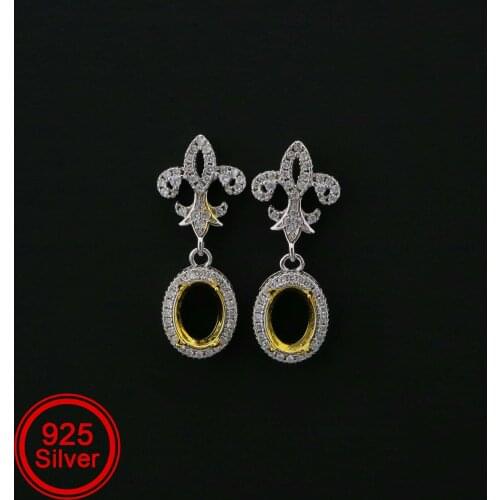 1Pair 6x8MM Oval Studs Earrings Settings Fluer De Lis Gold Plated Solid 925 Sterling Silver Bezel DIY Supplies 1702219
