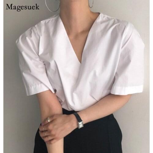 Chic Summer White Short Sleeve Blouses Women Casual Fashion V-neck Loose Office Lady Tops Camisas De Mujer Women Clothing 14225