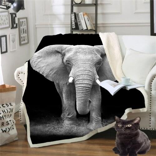 Elephant Sherpa Throw Blanket 3D Printed Animal Bedspread Photography Black and White Plush Blanket 2 Sizes