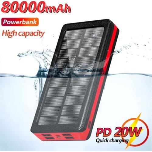 80000mAh Solar Powerbank Portable Large Capacity Fast Charging for Xiaomi Iphone Samsung Huawei External Battery LED Light 4USB