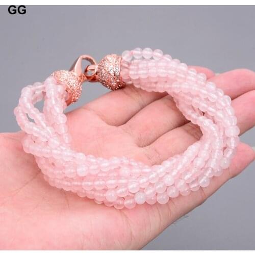 GuaiGuai Jewelry 8'' 8Rows 4MM Round Rose Quartz Crystal Gems Stone Bracelet CZ Clasp Women Fashion Jewelry