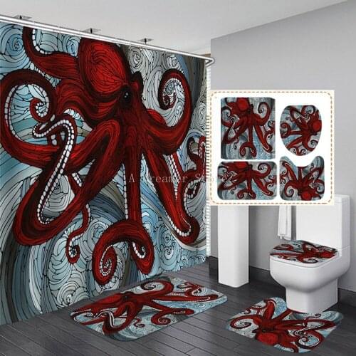 3D Digital Printing Red Octopus Shower Curtain Waterproof Polyester Bathroom Curtain Marine Life Shower Curtain Set Bath Mat Rug