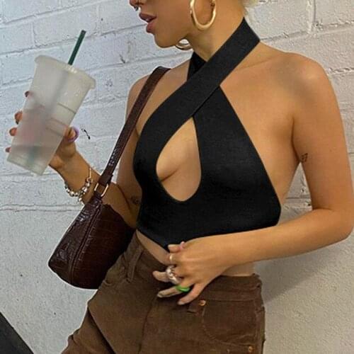 Women Summer Sexy Halter Vest Hollow Out Cross Strap Hanging Neck Backless Crop Tops Solid Color Bandage Slim Tank T-Shirt