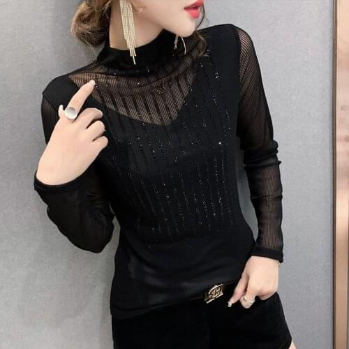 2020 New Women Shirts Cotton Full Sleeve Diamonds Solid Turtleneck Tops Shirts Office Lady Elegant Party Plus Size Winter Shirts