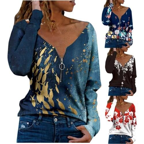 Women Long Sleeve Loose Deep V-neck Zipper T-Shirt Casual Flowers Printing Blouse Top Solid Color All-match Lovely Girls T-shirt