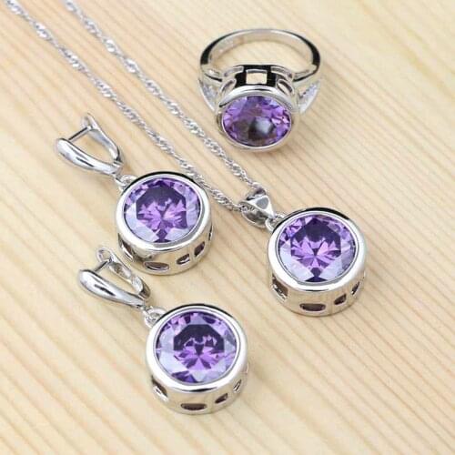 925 Silver Jewelry Purple Cubic Zirconia Bridal Jewelry Sets for Women Earring/Pendant/Necklace/Ring Fashion Women