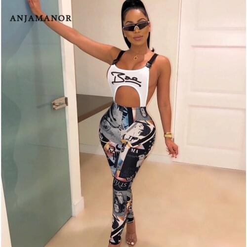 ANJAMANOR Fashion Graffiti Print Sexy Bodycon Jumpsuit Buckle Hollow Out Backless Overalls for Women Club Outfits D91-CG20