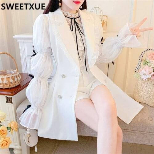 SWEETXUE 2021 Spring Autumn New Womens Suit Lapel Bow Lace-Up Double-Breasted Fashion Long Coat+2-Piece Shorts Sets