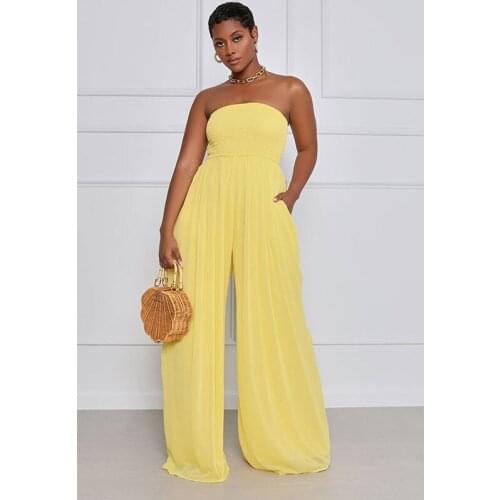 Women Summer Jumpsuit Solid Color Strapless Off Shoulder Loose Siamese Rompers Pants with Pockets for Female Ladies Fashion New