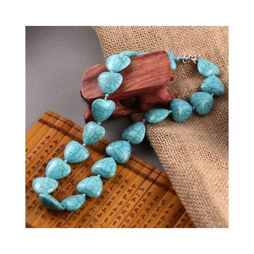 12x12mm Blue Turkish Turquoise Gem Heart Beaded Necklace 18 "