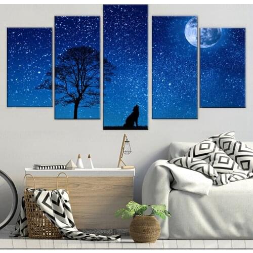 HD Printed 5 Pieces Howling Wolf Canvas Paintings Blue Moon Poster Night Stars Wall Pictures For Living Room Decor