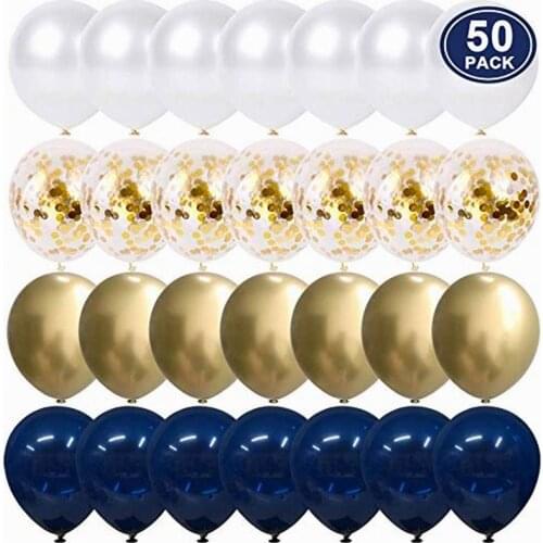 50pcs 12 inch Navy Blue Gold Confetti Balloons Set Metallic Gold Pearl White Balloons Wedding Birthday Party Decorations