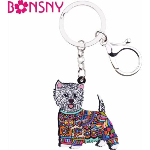 Bonsny Acrylic Anime Jewelry West Highland White Terrier Keyring For Women Girl Bag Car Key Handbag Wallet Charms Keychains GIFT