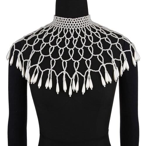 Luxury Womens Banquet ABS Pearl Shawl Necklace Hand Woven Retro Beaded Sweater Chain Wedding Dress Accessories