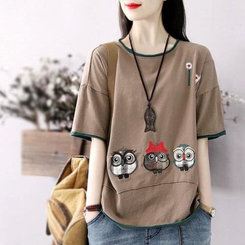 Cartoon Owl Embroidered T-shirt Stitching Short-Sleeved Tshirt Women 2021 Summer Vintage Loose All-Match T Shirt Top Tee