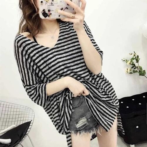 Size 8XL 150kg T Shirt Women Striped Punk T-shirt O-Neck Casual Harajuku Short Sleeve Korean Shirt Camiseta Feminina Top