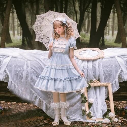 Kawaii Lolita Summer Dress Women Sweet Cute Girl Puff Sleeve Lace Up Ruffle Gothic Dresses OP Vintage Palace Party Lolita Dress