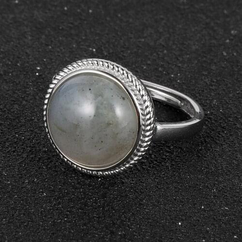 Women Natural Stone Rings 12mm Round Labradorite Turquoises Fashion BOHO Adjustable Ring Wedding Band Eternity Ring Lady Gifts