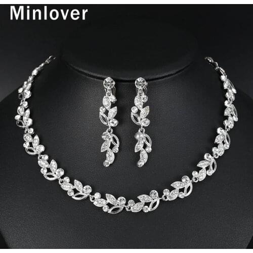 Minlover Elegant Leaves Bridal Jewelry Sets Silver Color Rhinestone Party Necklace Earring Sets Wedding Jewelry for Women MTL519