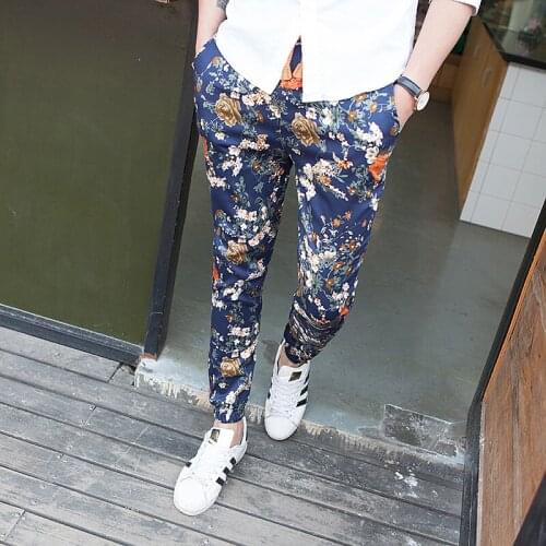 Mens Flower Printed Floral Pants Slim Fit Casual Trousers Ankle-length Large Size Male Pant
