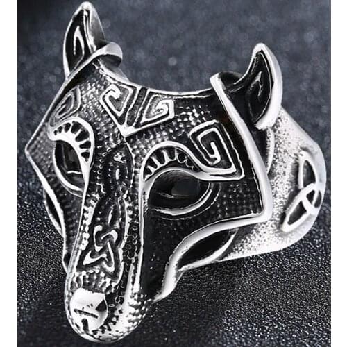 Punk Vintage Nordic Wolf Head Ring Men 316L Stainless Steel Rock Biker Ring Male Viking-Amulet Jewelry Wholesale