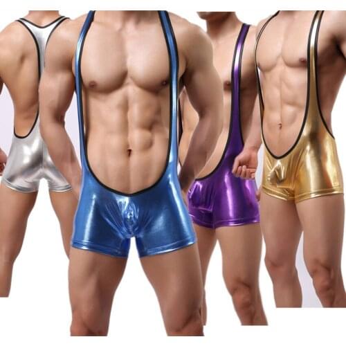 Hot Sale Sexy Strong Men Gloosy Leather Latex Underwear Short Boxer Bodysuit Exotic Wrestling Singlet Teddy Catsuit Gay Lingerie