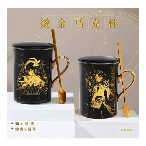 New Anime Genshin Impact Paimon Xiao Keqing Zhongli Hu Tao Ceramic Coffee Water Mug Cup Gold Stamping Unisex Spoon + Cup + Lid