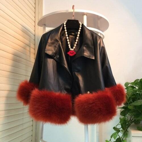 Women Autumn Elegant PU Leather Coats Female Loose Long Sleeve Turn-down Collar Patchwork Artificial Fur Short Coat 2021 Winter