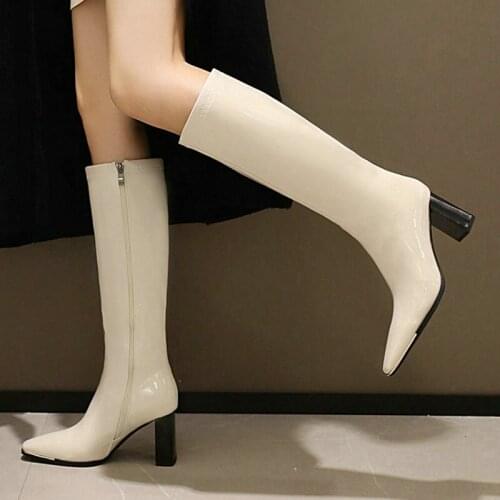 Sexy Autumn Winter Womens Shoes European and American Style Thick Zipper Heel Ladies Boots High Quality Patent Leather Warm