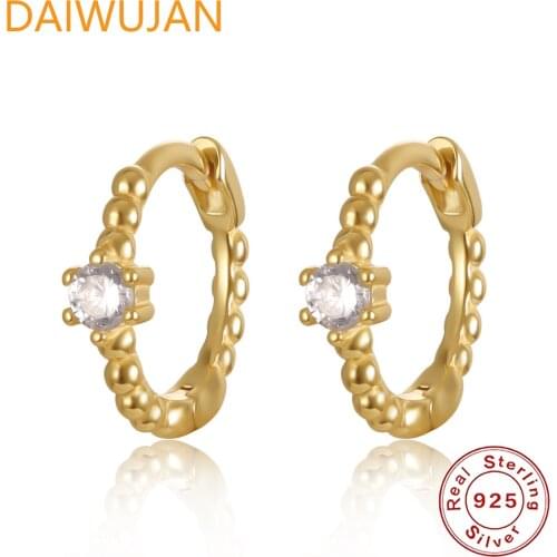 DAIWUJAN Simple Single Diamond Ear Buckle Circle Earrings 925 Sterling Silver Hoop Earrings For Women Men Punk Hipster Jewelry