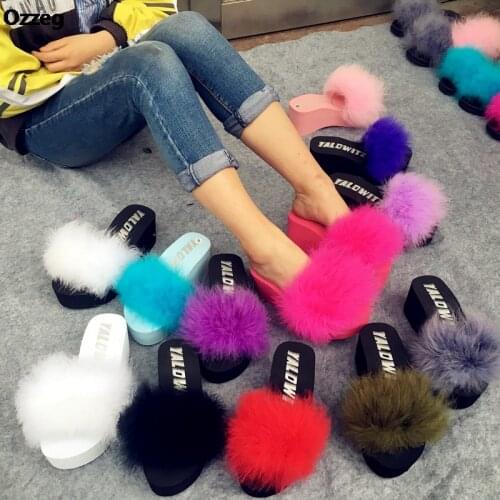 Fur Slide Flip Flops Women Ostrich Feather Home Slippers Female Sweet Fenty 5 cm Wedges Sandals Beach Pantufa Platform Casual