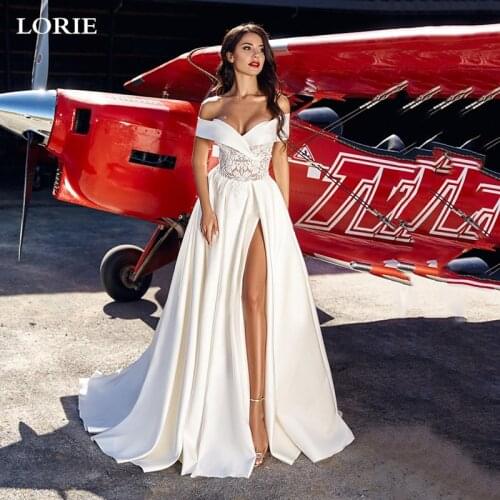 LORIE Off Shoulder Princess Wedding Dresses A Line Lace Wedding Bride Dresses Long Train Side Split Lace Up Back Wedding Gowns