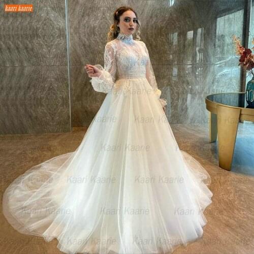 Bohemia Wedding Gowns 2021 Puff Long Sleeves Robe De Mariée High Neack Lace Appliques Bridal Dresses Court Train Abiti Da Sposa