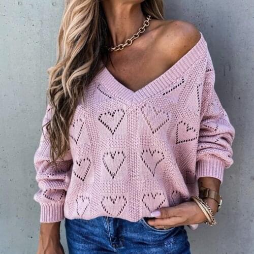 Urifens Knitted Tops Spring Summer Solid Color V-neck Heart Hollow Out Sexy Sweater Women Casual Loose Female Pullover BT78U