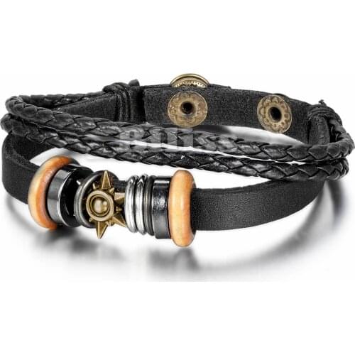 Vintage Black Leather Bracelet Tribal Sun Star Men Braided Wrap Bangle 8.4 inch Mens Boy gift pulseira de couro
