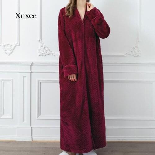 Winter Womens Flannel Front Zipper Robe Solid Color Coat with Pockets Warm Bathrobe Hooded Solid Color Long-Sleeved Pajamas