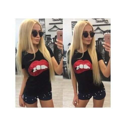 New Womens Glitter Lips Slogan Print Short Sleeve Casual Basic T-Shirt Summer Top Fashion