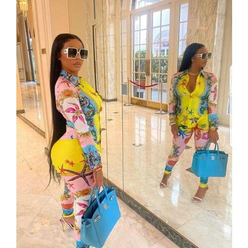 Adogirl Fashion Print Long Sleeve Shirt + Pencil Pants Two Piece Sets Women Suits