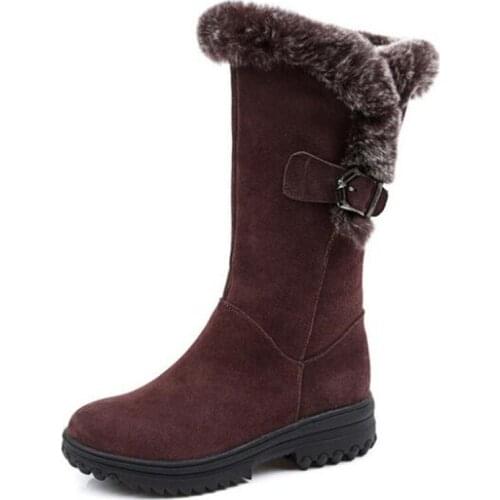 New Winter Fashion Boots Scrub Cowhide Rabbit Fur Women Snow Boots Flat Wedges Non-slip In-tube Boot Women Leather Shoes Boots