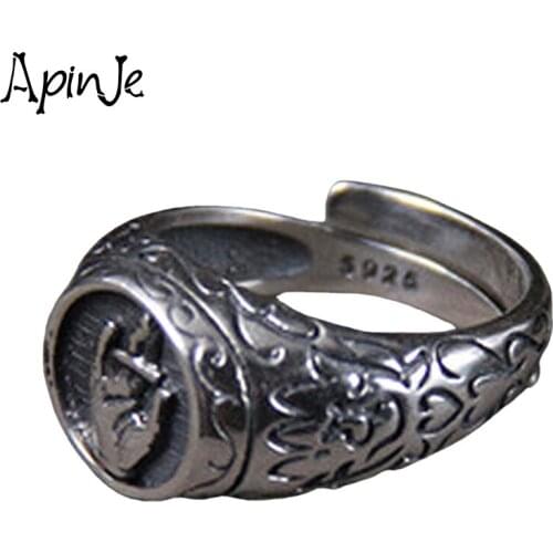 Apinje Thai Silver S925 Sterling Silver Auspicious Adjustable Ring Retro Ethnic Open Ring Men And Women Jewelry