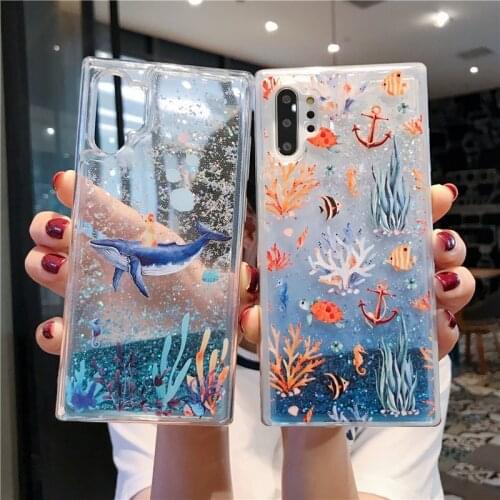 Floating Carving Coral Whale Transparent Liquid Case For Samsung S21 Ultra S10 Plus M60s M80s Note 20 9 S20 FE 5G Silicone Cover