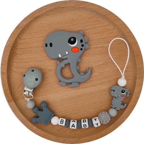 Personalized Name Handmade Silicone Pacifier Chains Dinosaur Beads Teething Chain Baby Teether Pacifier Clips Holder Chain Set