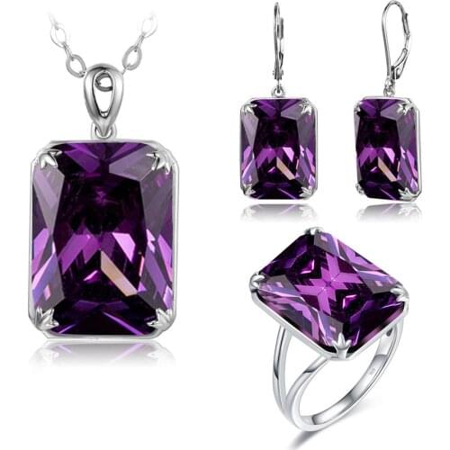 Real Jewelry Sets Silver 925 Womens 925 Sterling Silver Necklace Set Pendant Earrings Ring With Amethyst Gemstones Fine Jewelry