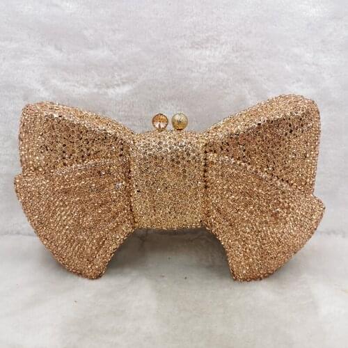 Best Gift Champagne/Silver Diamond Clutches Purse Bow-Shaped Lady Crystal Shoulder Chain Handbags Female Small Wedding Bags