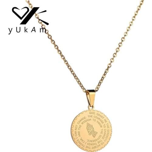 YUKAM Jewelry Mens Gold Lucky Christian Scripture Pendant Necklaces Religious Stainless Steel Prayer Hands Necklaces for Women