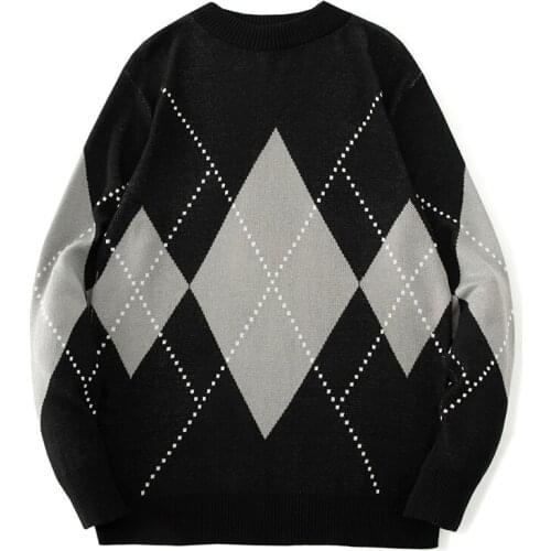 Men Sweater Knitted Loose Casual Mens Pullover Argyle Vintage Pattern Round Neck Long Sleeve Male Autumn Winter Sweaters 2021