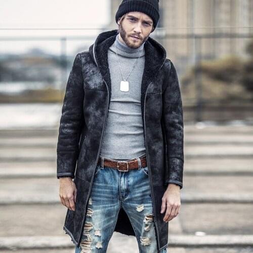 New Fur Coat Mens Genuine Leather Clothes Hooded Long Shearling Trench Jacket Slim Sheepskin