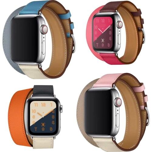 44mm 40mm Genuine Leather Band for Apple Watch Series 5 4 3 2 1 Double Tour Bracelet Leather Strap Watchband 38mm 42mm