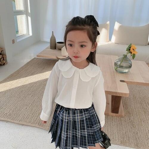 Girls Lapel Shirt 2021 Spring New Childrens White Base Shirt Kids Solid Blouses Baby Girl Clothes Children full Sleeve Tops